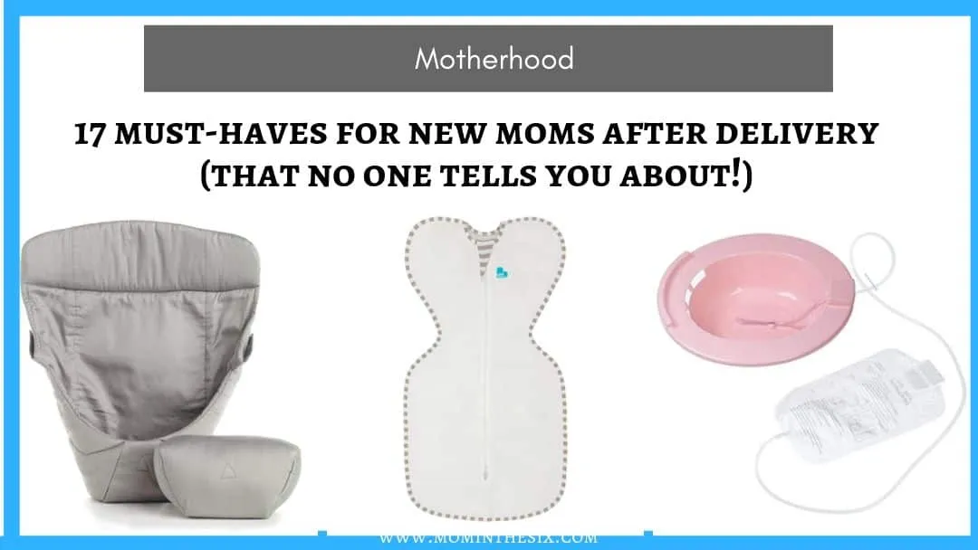Three images of items new moms need: infant insert, sleep sack, sitz bath