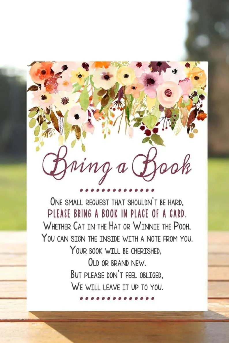 Bring a book instead of a card baby shower invitation insert